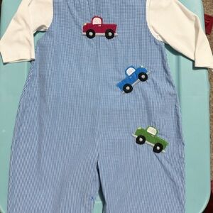 Blue Striped Overalls with Truck Appliques